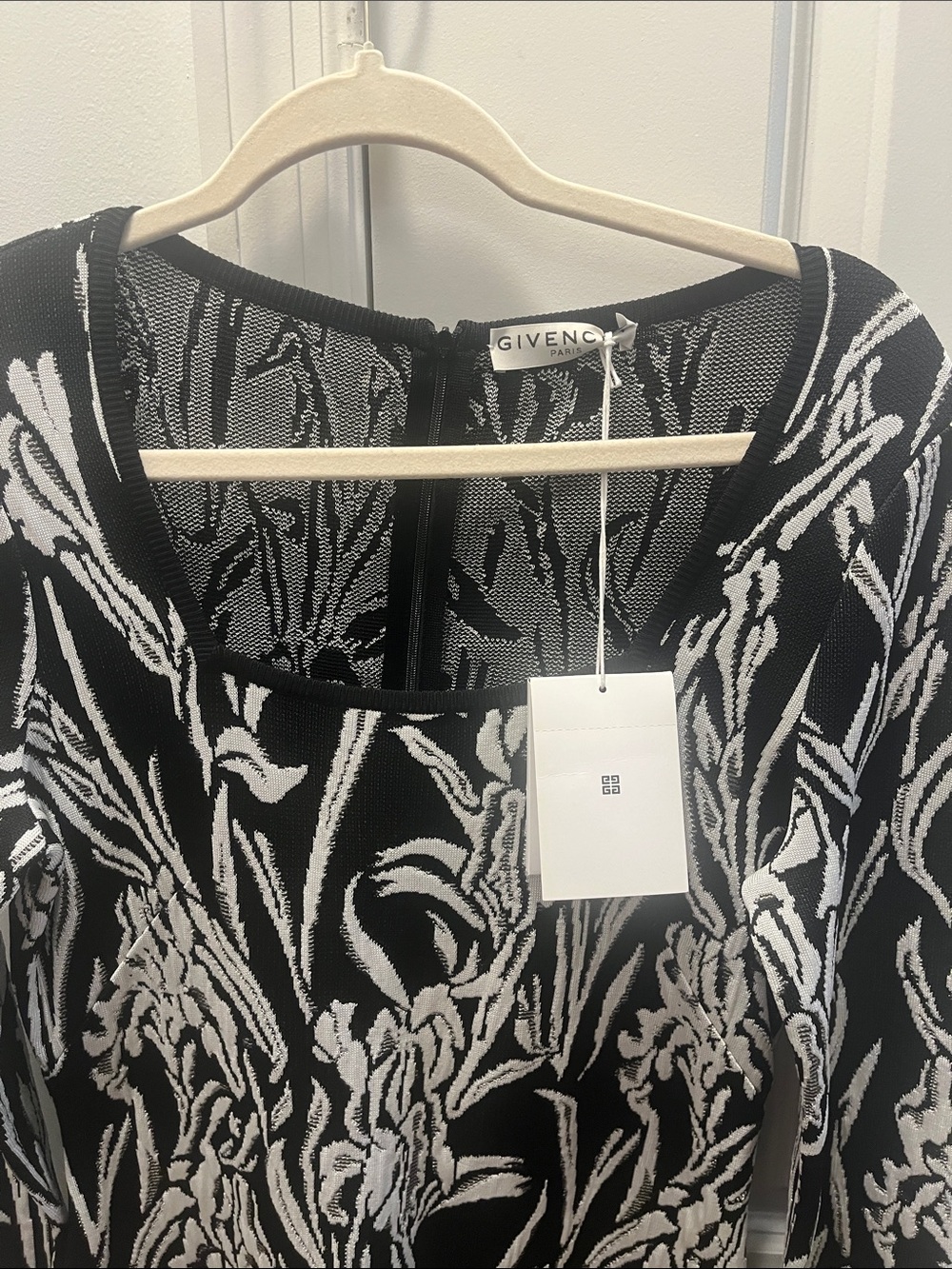 Givenchy Black and White Floral Long-Sleeve Sheath Dress - Picture 3 of 5